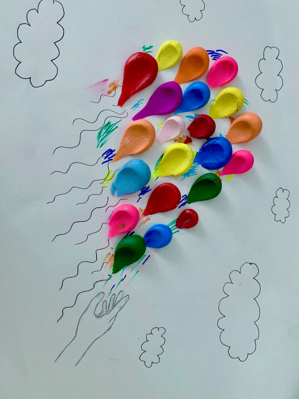  I used balloons to with different colors represent my different forms of art coming together, and the balloons floating away represents me releasing my art into the world. 